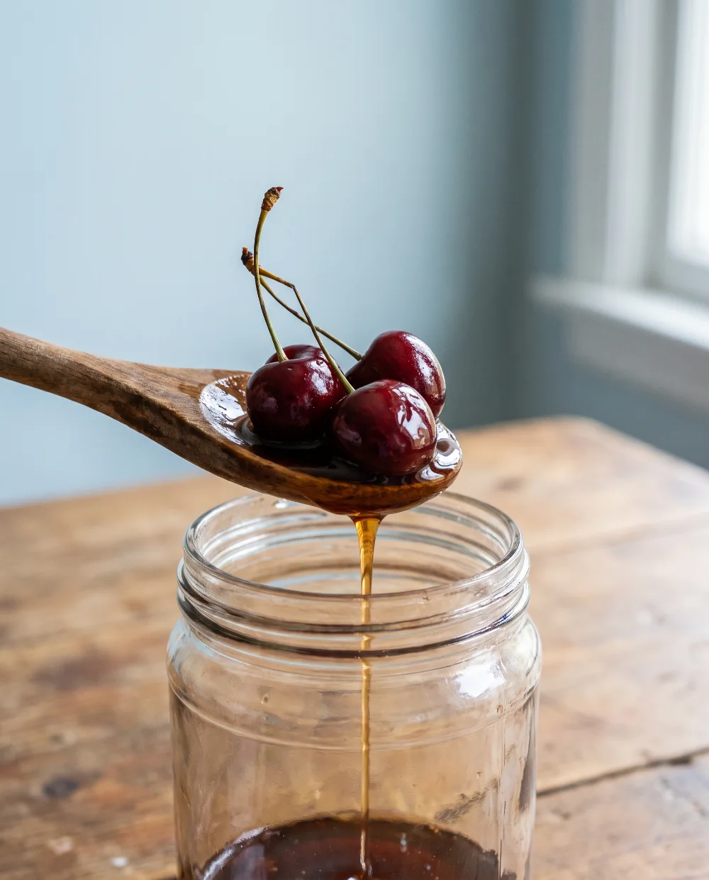 Cherries en almíbar servidas con cuchara de madera
