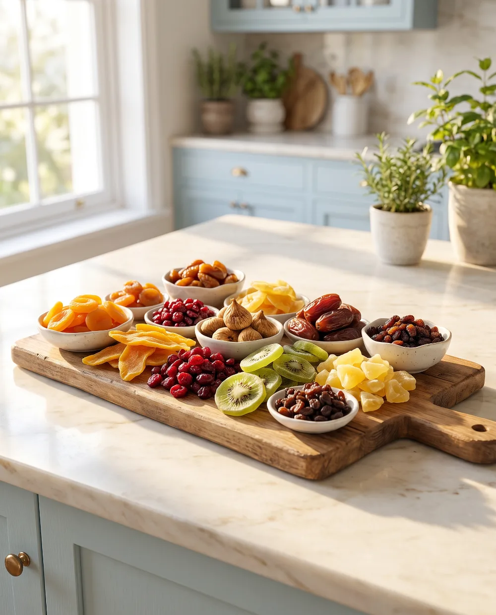 Tabla con frutas deshidratadas variadas