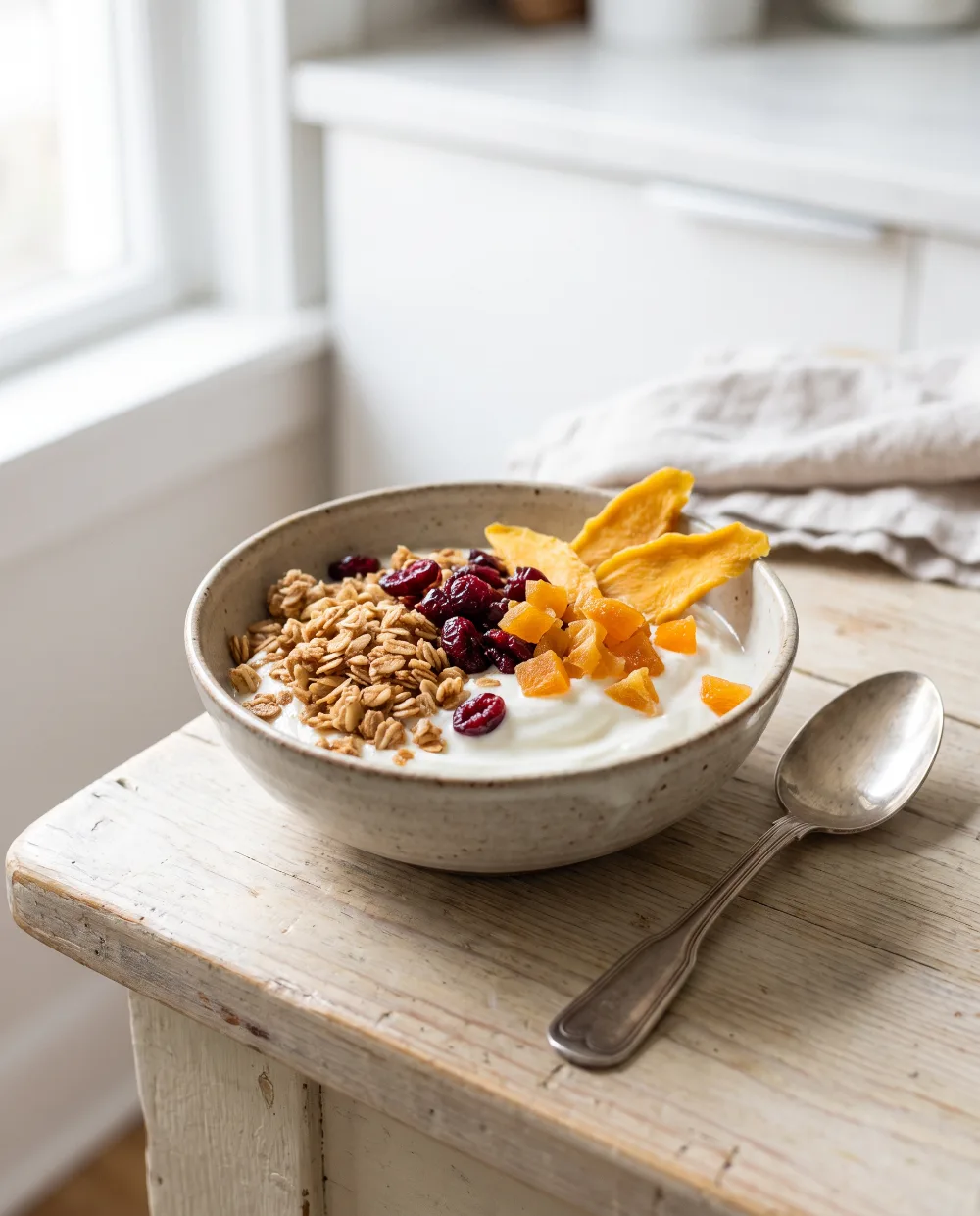Yogur con granola y frutas deshidratadas