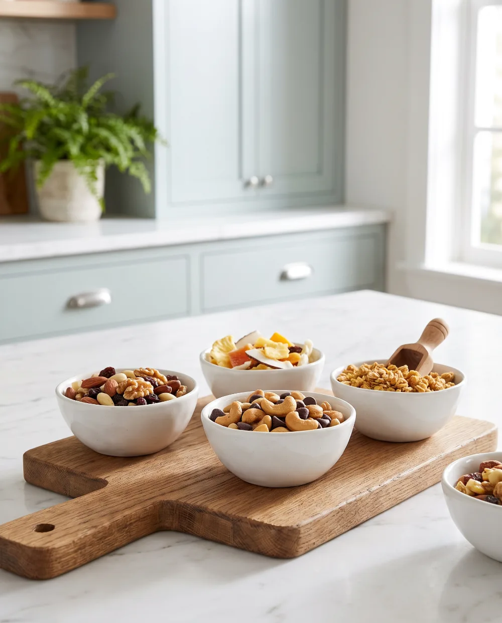 Tabla con mezclas de nueces, frutas y granola