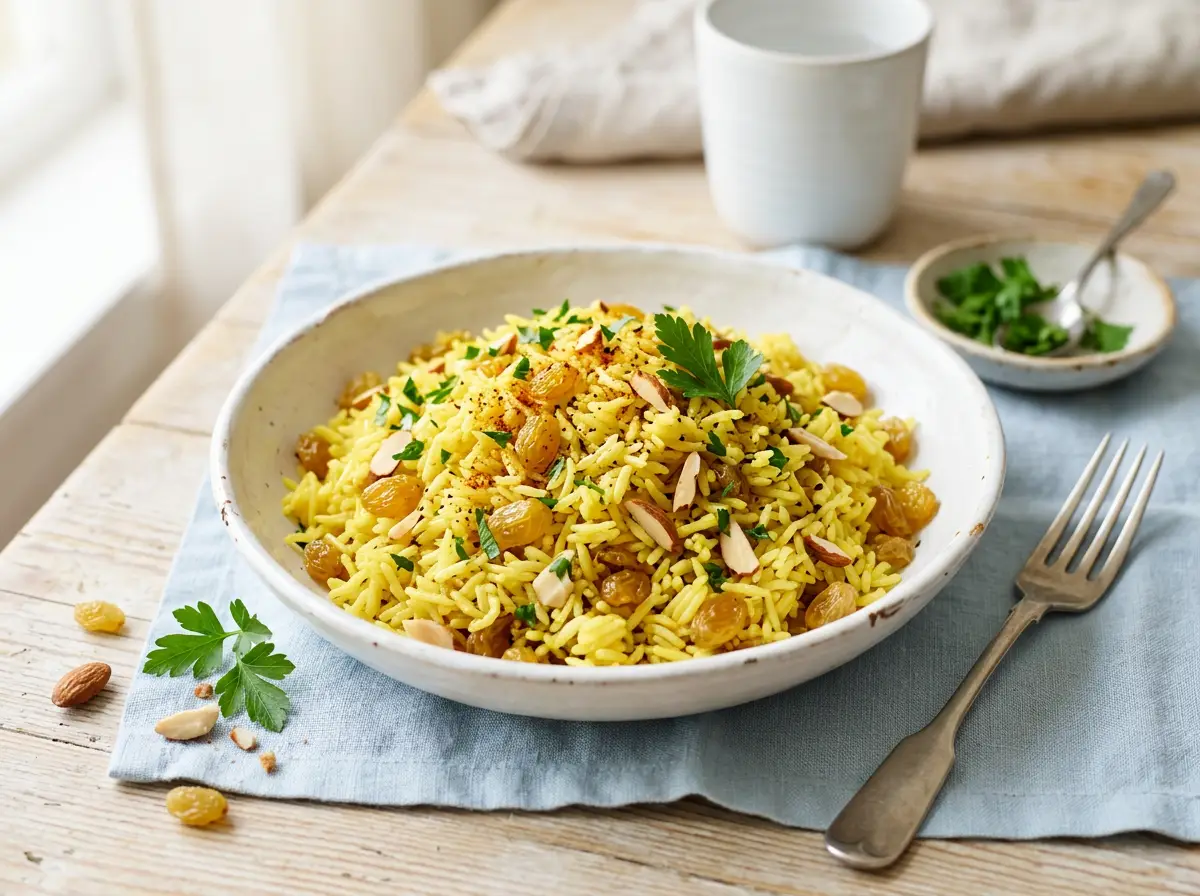 Arroz pilaf con pasas doradas