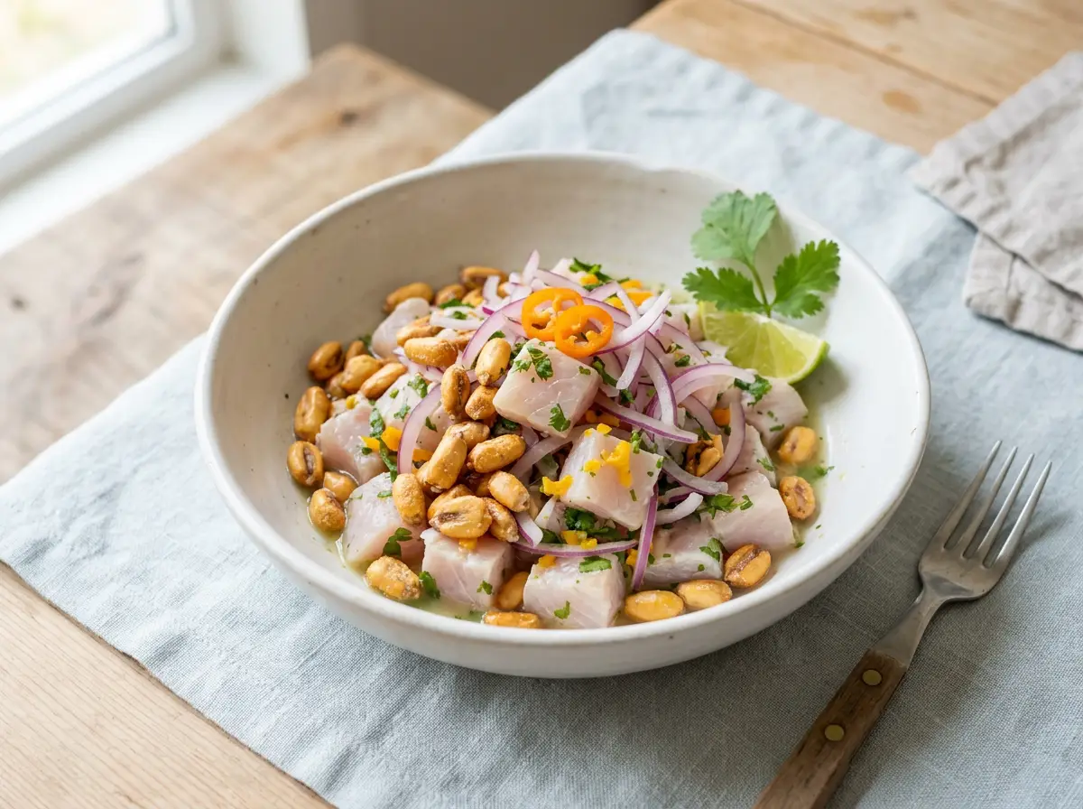 Ceviche con maíz tostado