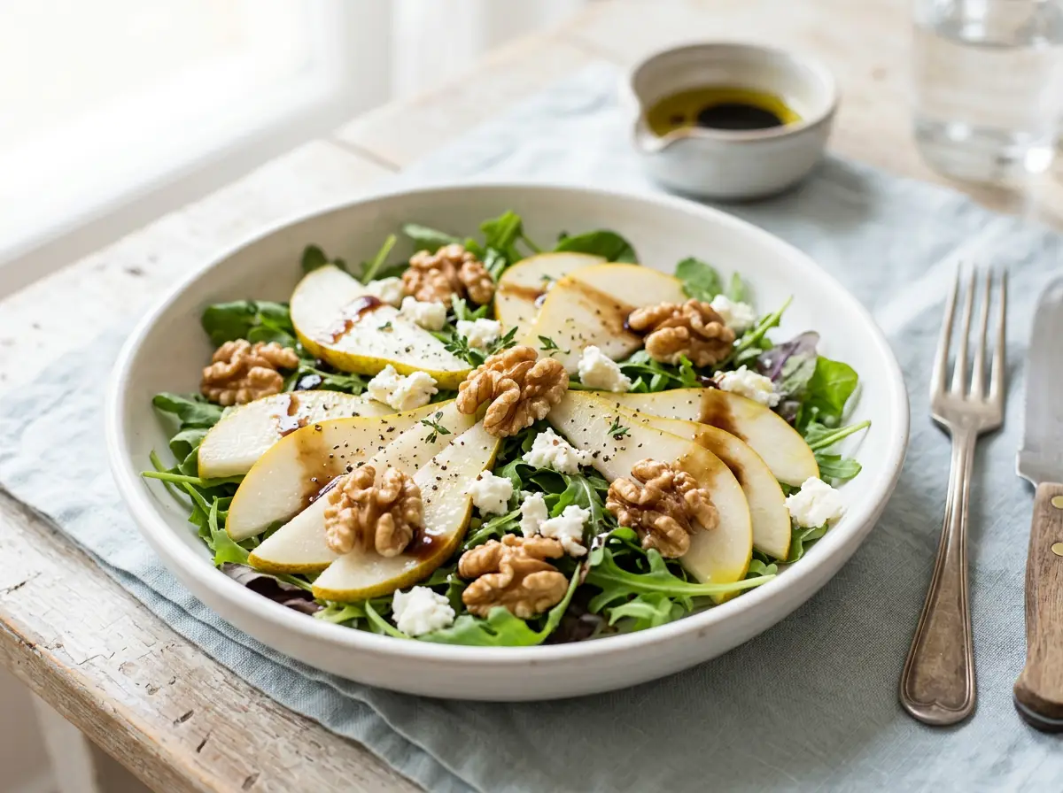 Ensalada de pera, nueces y queso de cabra