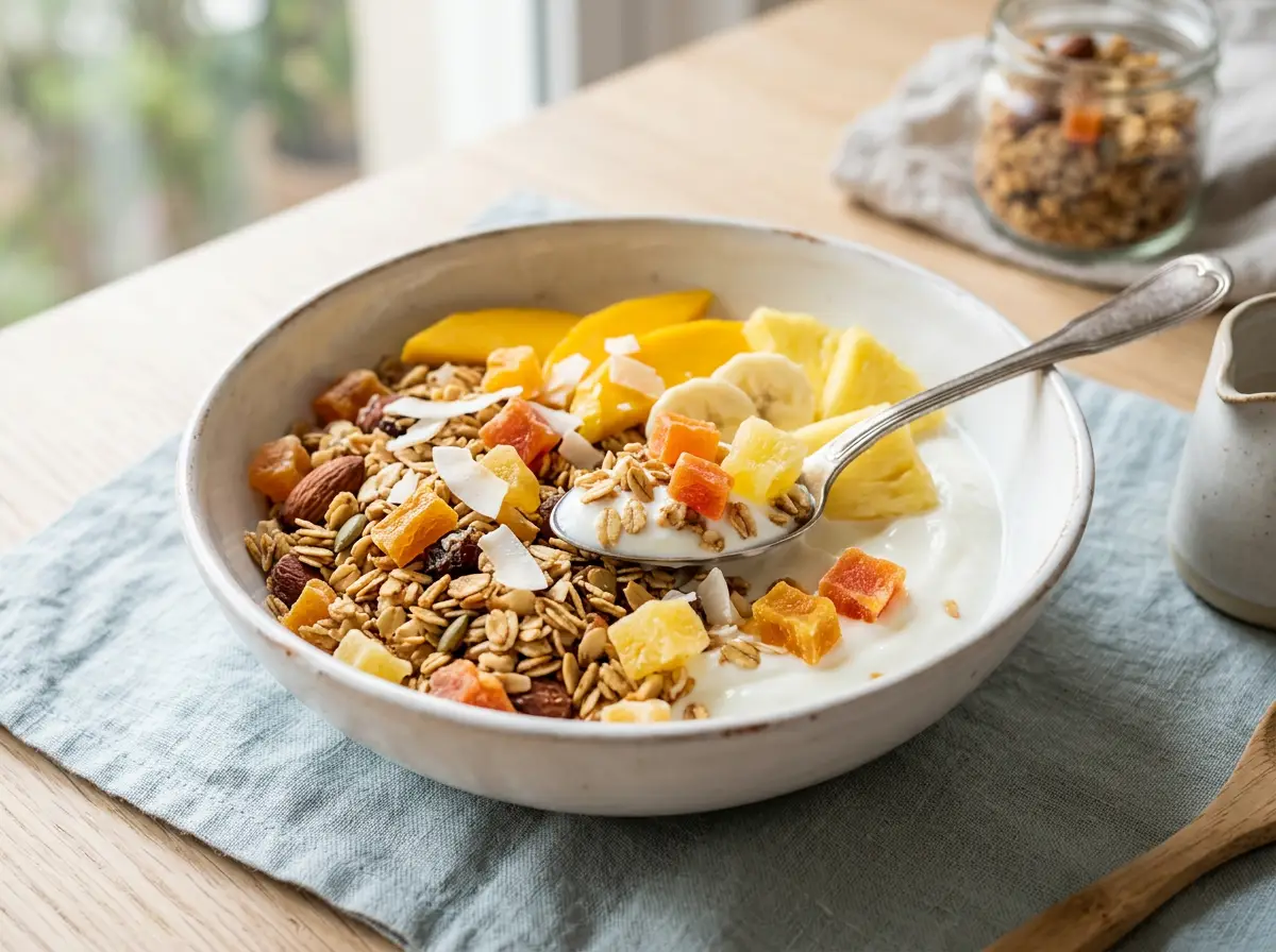 Granola con frutas tropicales
