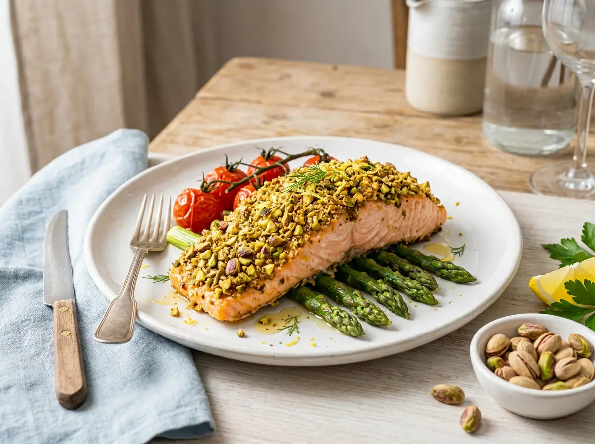 Salmón con costra de pistacho