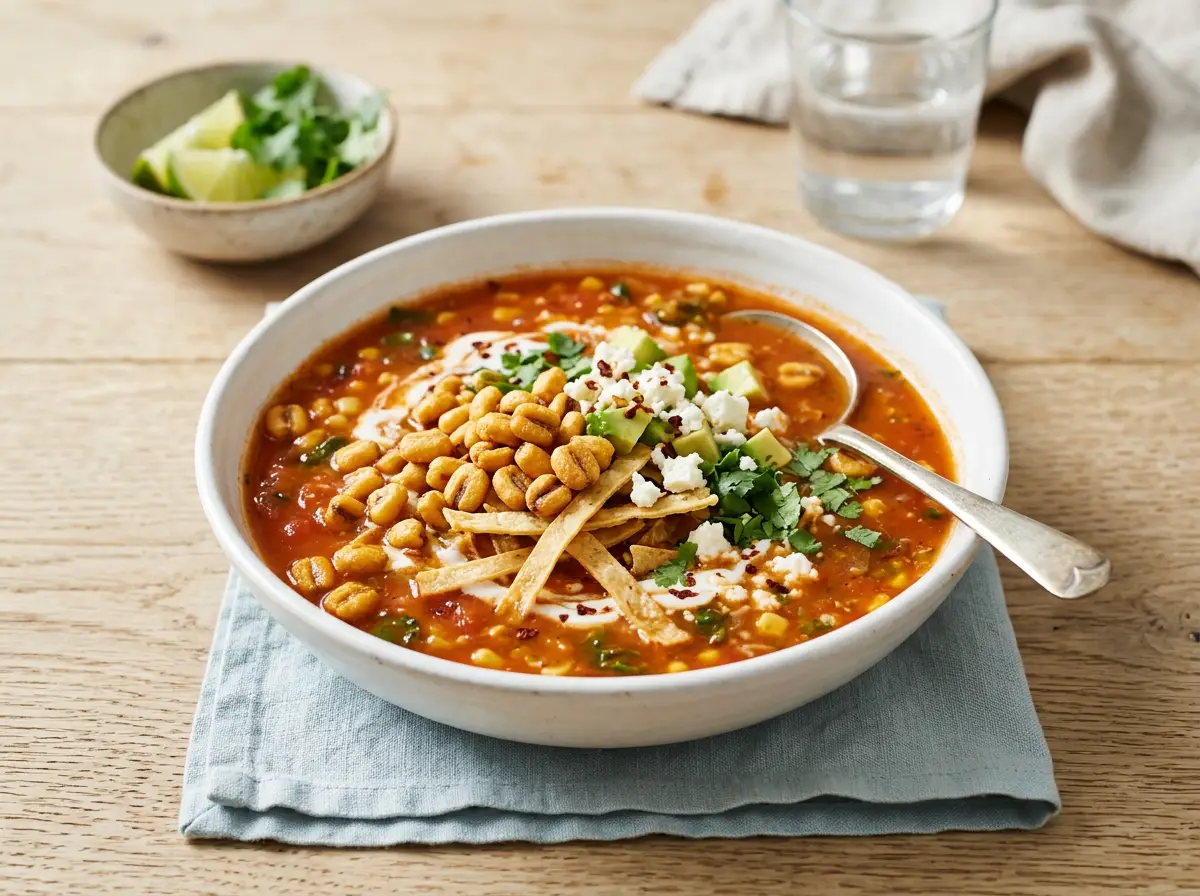 Sopa de tortilla con maíz tostado